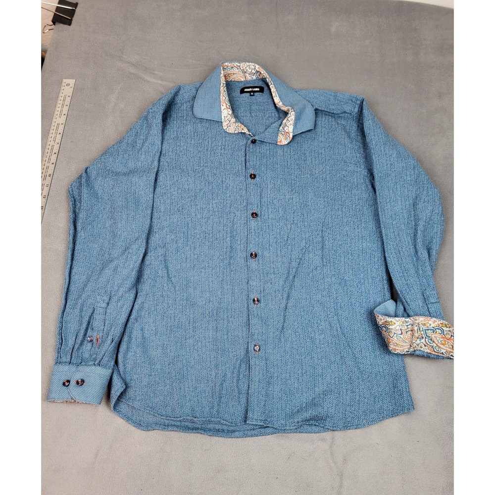 Jared‎ Lang Flip Cuff Shirt Mens XL Blue Lightweight Stretch Paisley Button Up